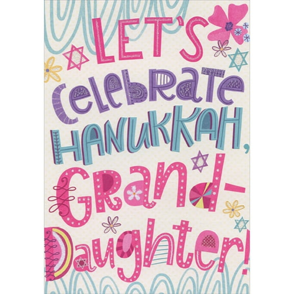 Designer Greetings Let's Celebrate: Large Pink, Purple and Blue Lettering on White Background Hanukkah Card for Young Granddaughter