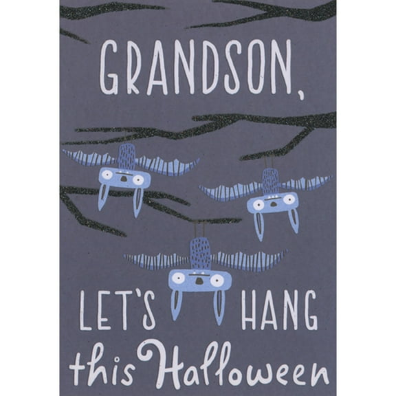 Designer Greetings Let's Hang: Three Upside Down Blue Bats on Tree Branches Halloween Card for Young Grandson
