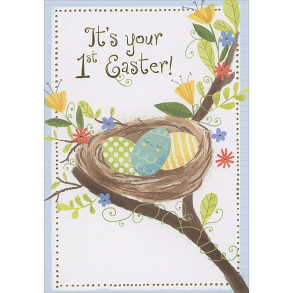 Designer Greetings Light Blue Smiley Faced Baby Egg in Nest on Branch 1st / First Easter Card for Baby