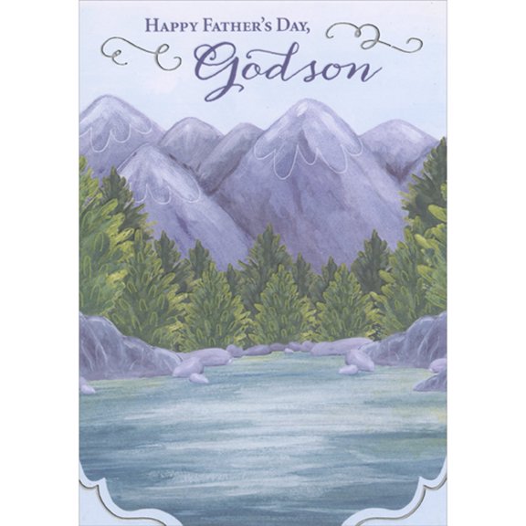 Designer Greetings Light Purple Mountains, Evergreen Trees and Lake Father's Day Card for Godson