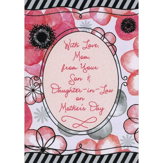 Designer Greetings Light Red and Black Flowers with Black and Gray Striped Borders Mom Mother's Day Card from Son and Daughter-in-Law