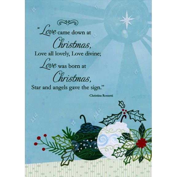 Designer Greetings Love Came Down at Christmas : 2 Ornaments on Blue Religious Christmas Card