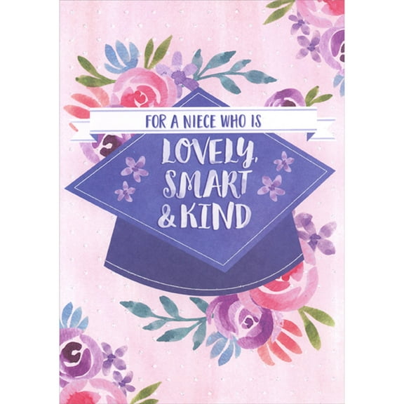 Designer Greetings Lovely, Smart and Kind: Purple Grad Cap and Flowers on Pink Graduation Congratulations Card for Niece