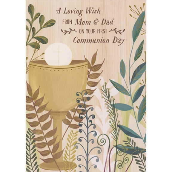 Designer Greetings Loving Wish: Chalice, Host and Tall Gold Accents Vines First Communion Card from Mom and Dad