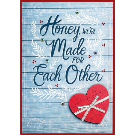 Designer Greetings Made For Each Other: 3D Tip On Heart with Silver Ribbon and Gems on Light Blue Hand Decorated Valentine's Day Card for Honey