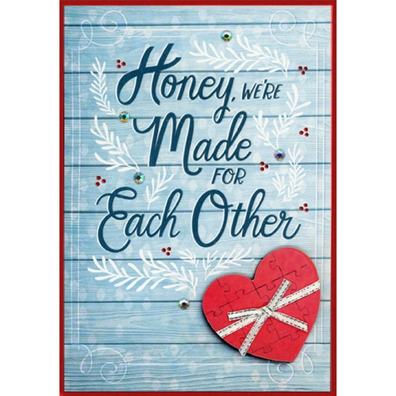 Designer Greetings Made For Each Other: 3D Tip On Heart with Silver Ribbon and Gems on Light Blue Hand Decorated Valentine's Day Card for Honey
