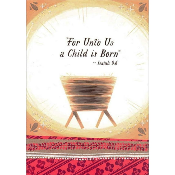 Designer Greetings Manger Inside Yellowish Circle : For Unto Us a Child is Born Religious Christmas Card