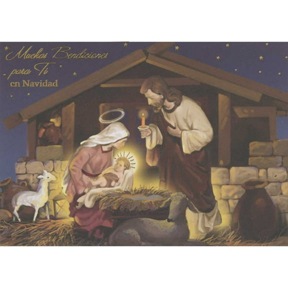 Designer Greetings Mary, Joseph with Candle and Baby Jesus Manger Scene Spanish Language Box of 15 Religious Christmas Cards
