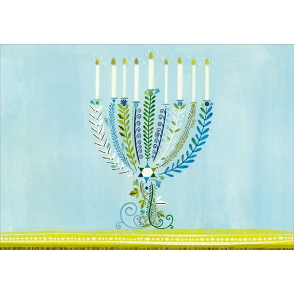 Designer Greetings Menorah and Gold Tabletop on Light Blue Hannukah Card