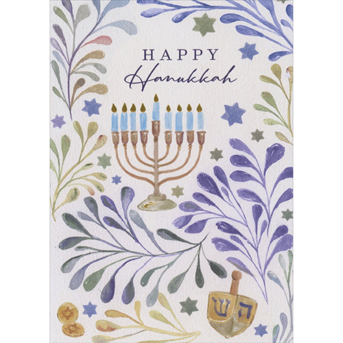 Designer Greetings Menorah with Light Blue Candles Inside Purple and Light Brown Leaves Box of 15 Hanukkah Cards