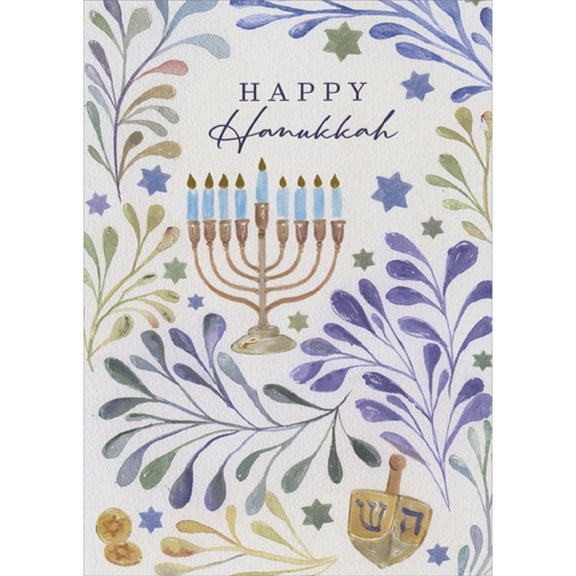 Designer Greetings Menorah with Light Blue Candles Inside Purple and Light Brown Leaves Box of 15 Hanukkah Cards