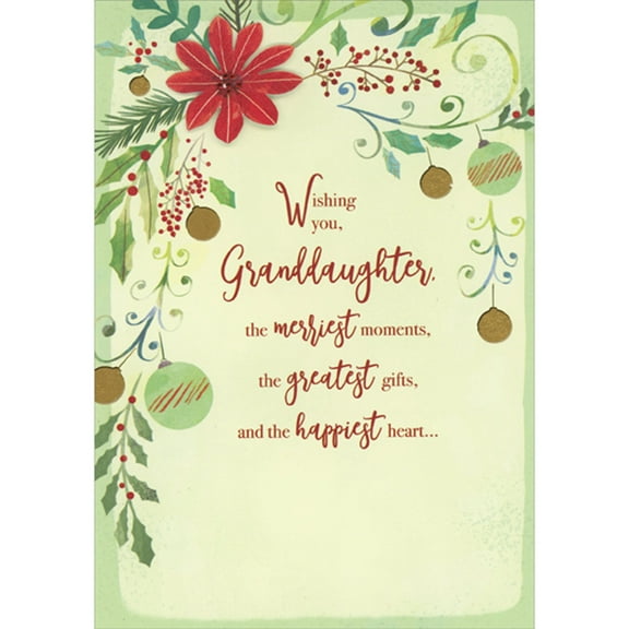 Designer Greetings Merriest Moments: Red 3D Poinsettia with Red Gems on Holly, Vines and Ornaments Hand Decorated Christmas Card for Granddaughter