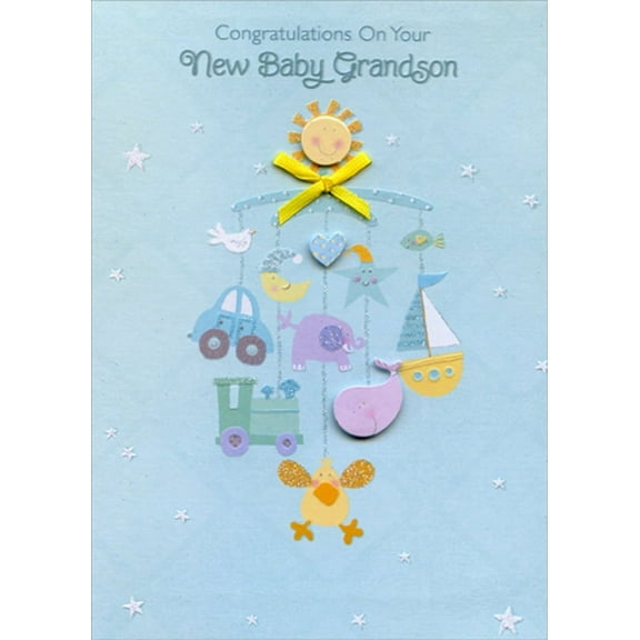 Designer Greetings Mobile with Tip On 3D Face, Heart, Whale and Yellow Ribbon Hand Decorated Designer Boutique Keepsake New Baby Grandson Congratulations Card