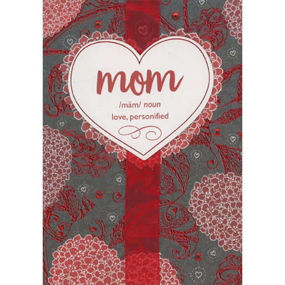 Designer Greetings Mom - Noun: Love Personified 3D Tip On Heart Banner Over Red Ribbon Hand Decorated Valentine's Day Card