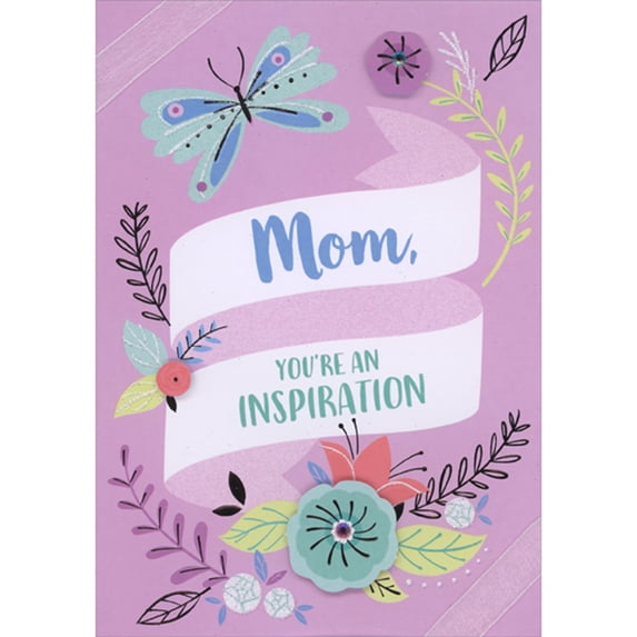 Designer Greetings Mom You're an Inspiration: 3D Die Cut Flowers with Blue and Purple Gems, Butterfly and White Ribbon Hand Decorated Mother's Day Card