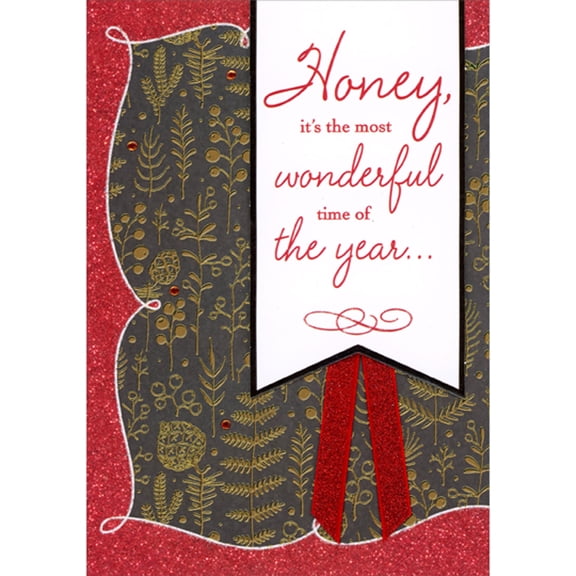 Designer Greetings Most Wonderful Time: Red Letters on White 3D Banner, Red Ribbons and Sequins Hand Decorated Christmas Card for Honey