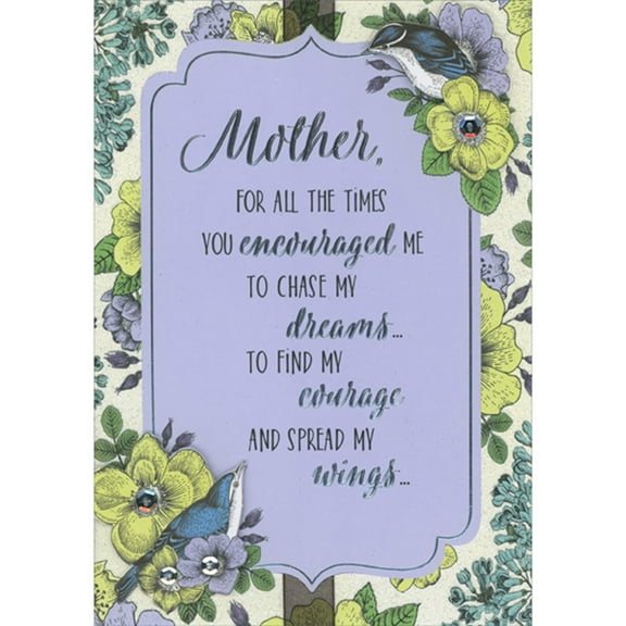 Designer Greetings Mother, For All The Times You Encouraged Me: 3D Die Cut Birds and Green Flowers, Sequins and Ribbon Hand Decorated Mother's Day Card from Son
