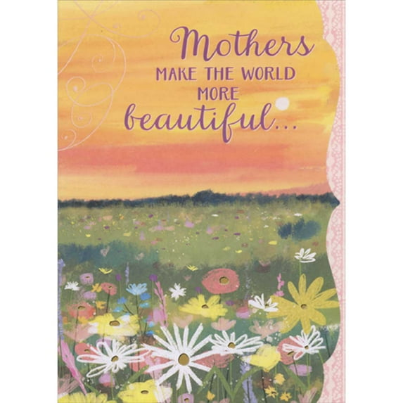 Designer Greetings Mothers Make The World More Beautiful: Orange Sky and Field of Flowers Package of 8 Mother's Day Cards