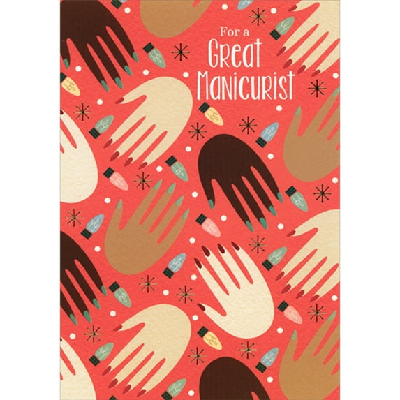 Designer Greetings Multi-Colored Hands, Light Bulbs and Gold Snowflakes on Red Christmas Card for Manicurist