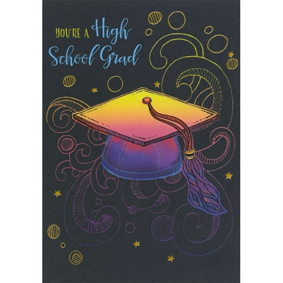 Designer Greetings Neon Colored Grad Cap on Black High School Graduation Congratulations Card