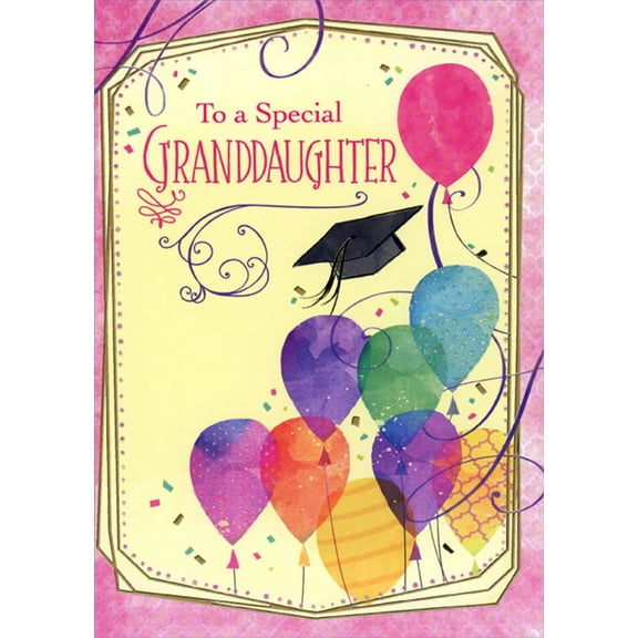 Designer Greetings Nine Watercolor Balloons Inside Pink Border Graduation Congratulations Card for Granddaughter