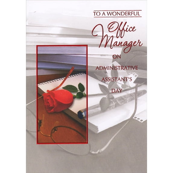 Designer Greetings Notepad, Pen, Glasses and Red Rose Administrative Assistant's Day Card for Office Manager