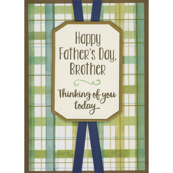 Designer Greetings Octagonal Gold Foil Bordered 3D Banner and Blue Ribbons on Green Plaid Hand Decorated Father's Day Card for Brother