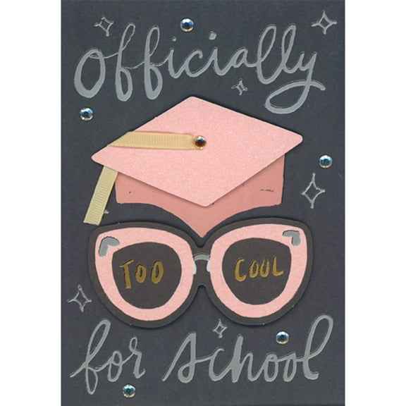 Designer Greetings Officially Too Cool for School: 3D Cap, 3D Glasses and Yellow Ribbon Hand Decorated Graduation Congratulations Card for Granddaughter