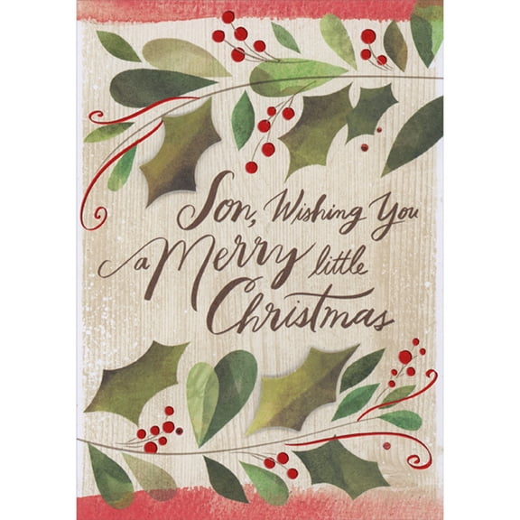 Designer Greetings Olive Green 3D Die Cut Holly Leaves, Red Foil Berries and Holly Branches on Light Brown Hand Decorated Christmas Card for Son