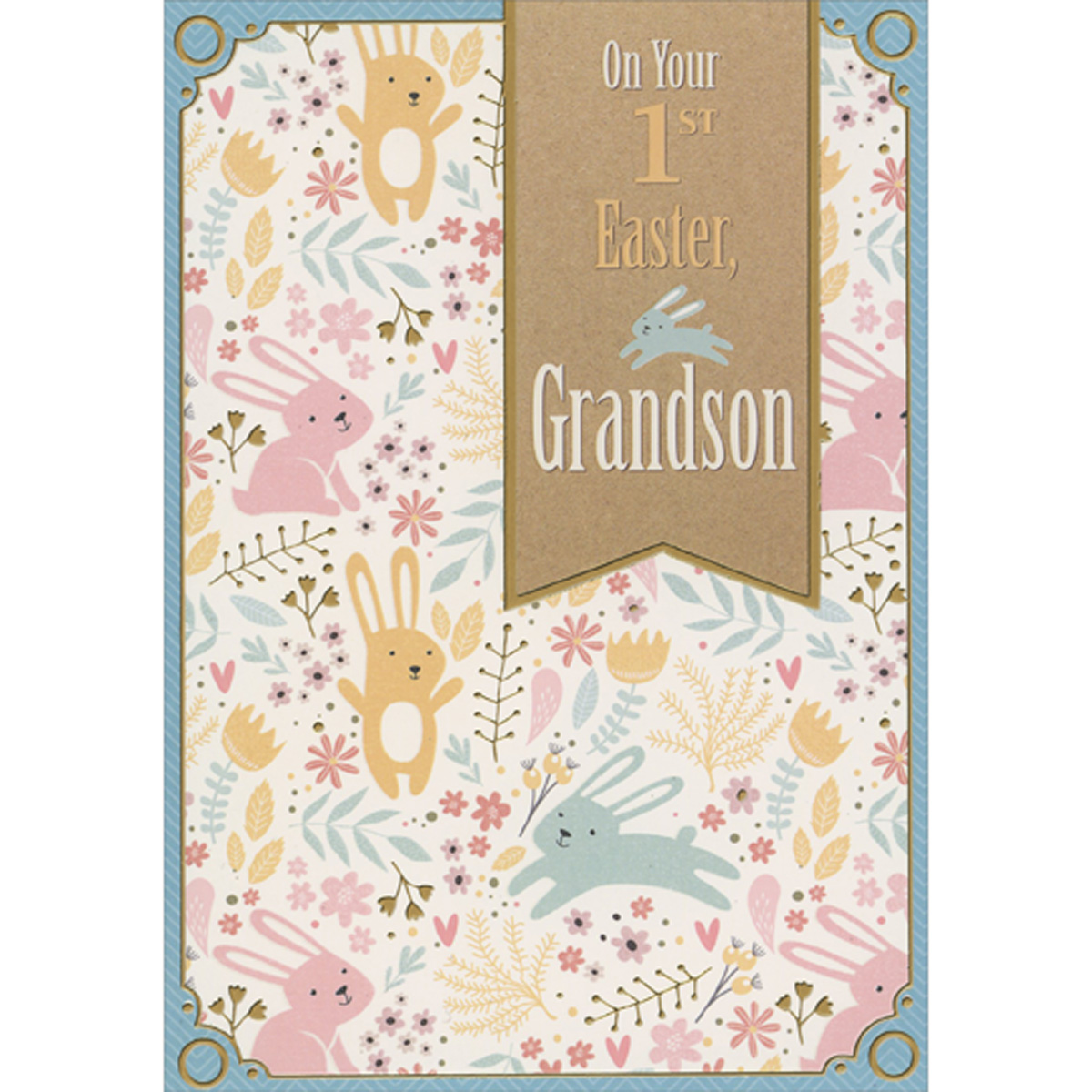 Designer Greetings On Your 1st Easter Brown Banner with Blue Bunny Over