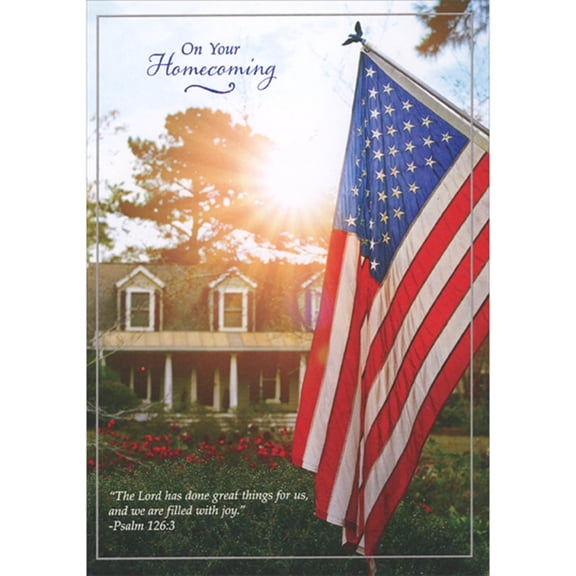 Designer Greetings On Your Homecoming: American Flag in Front of Home Religious Military Welcome Home Card