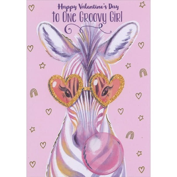 Designer Greetings One Groovy Girl: Zebra with Colorful Stripes and Sunglasses Blowing Bubble Juvenile Valentine's Day Card for Young Girl