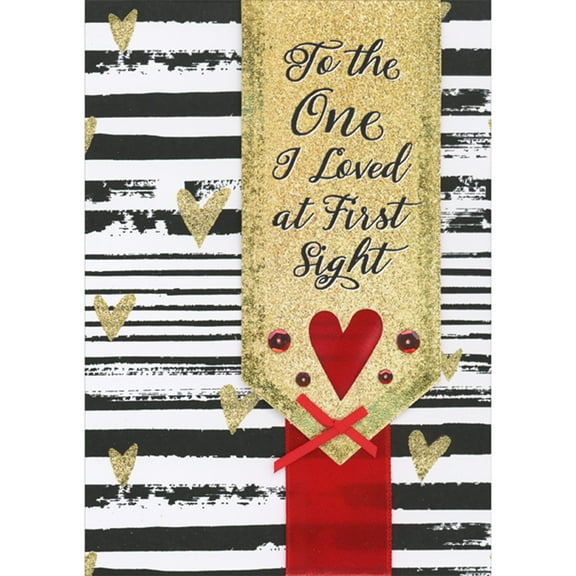 Designer Greetings One I Loved at First Sight 3D Die Cut Banner, Red Ribbon Over Black and White Stripes Hand Decorated Valentine's Day Card for the One I Love (Wife or Husband)