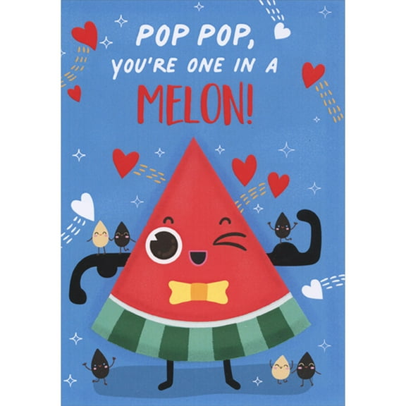 Designer Greetings One in a Mellon: Smiley Faced Watermelon Slice with Yellow Bow Tie Juvenile Valentine's Day Card for Pop Pop