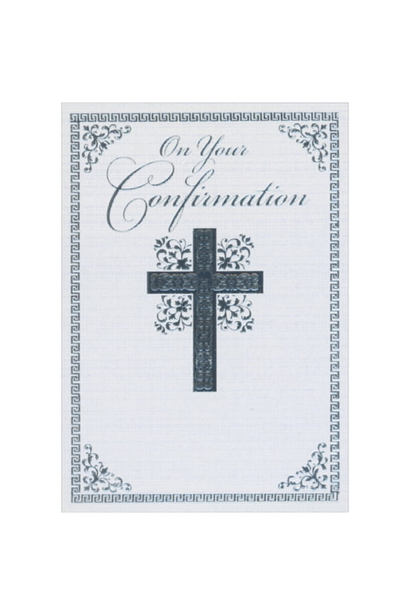 Ornate Silver Foil Cross, Flowers and Border on White Criss Cross Pattern Confirmation Congratulations Card