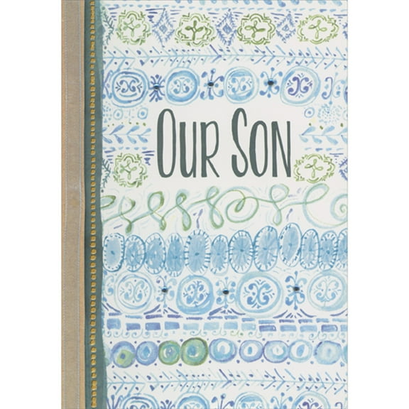 Designer Greetings Our Son: Repeated Rows of Circular Shapes, Gems and 3D Left Border and Blue Ribbon Hand Decorated Father's Day Card