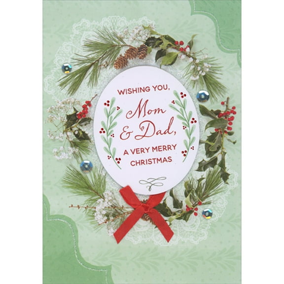 Designer Greetings Oval 3D Banner, Red Bow, Sequins and Wreath of White Flowers and Pine Branches Hand Decorated Christmas Card for Mom and Dad