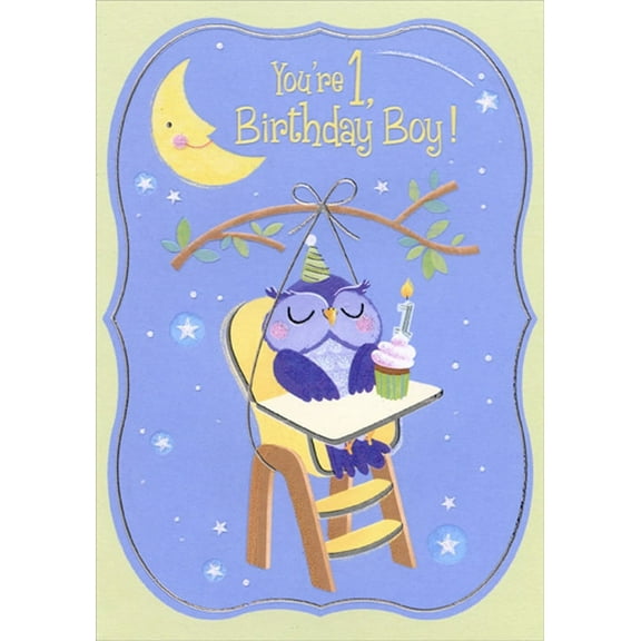 Designer Greetings Owl with Cupcake in Highchair Age 1 / 1st Birthday Card for Boy