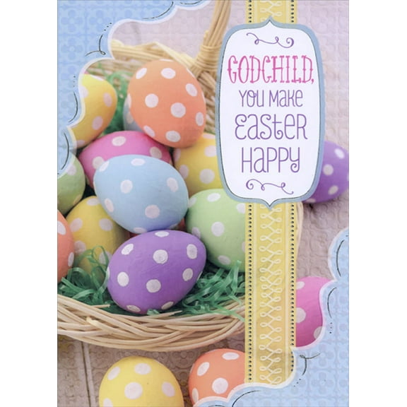Designer Greetings Pastel Colored Eggs with White Dots in Basket Godchild Easter Card