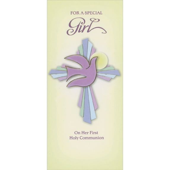 Designer Greetings Pastel Cross and Purple Dove with Gold Foil Accents 1st / First Communion Gift Card or Money Holder Congratulations Card for Girl