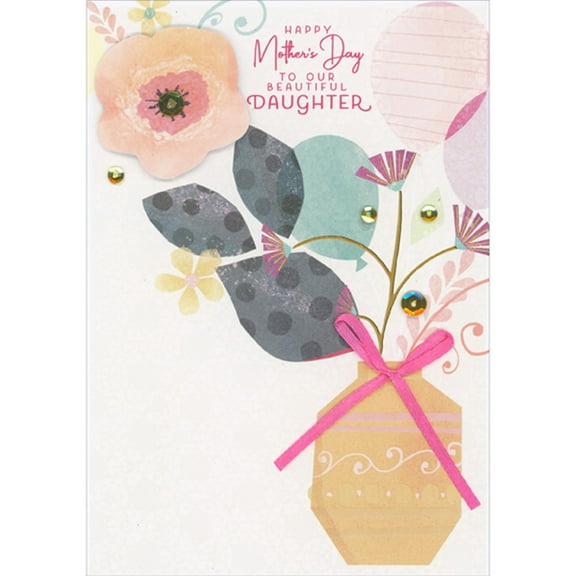Designer Greetings Peach 3D Flower and Flowers in Light Brown Flower Pot with Pink 3D Ribbon Hand Decorated Mother's Day Card for Daughter