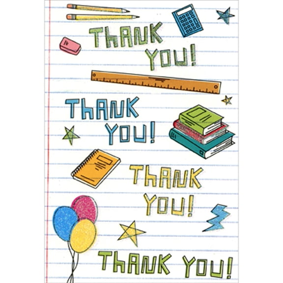Designer Greetings Pencils, Calculator, Ruler, Books, Balloons, Stars on Lined Paper Package of 8 Graduation Thank You Notes