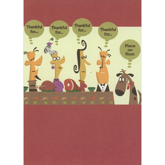 Designer Greetings People Thinking Thankful For and Dog Thinking Piece on Floor Funny / Humorous Thanksgiving Card
