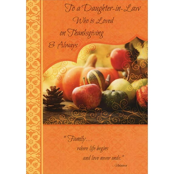 Designer Greetings Photo of Pine Cone, Apple, Gourd, Pumpkin on Orange Thanksgiving Card for Daughter-in-Law