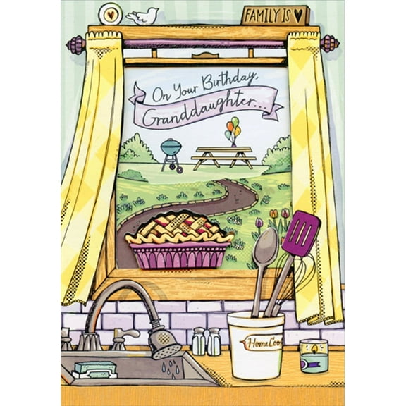 Designer Greetings Pie on Windowsill with Die Cut Window Birthday Card for Granddaughter