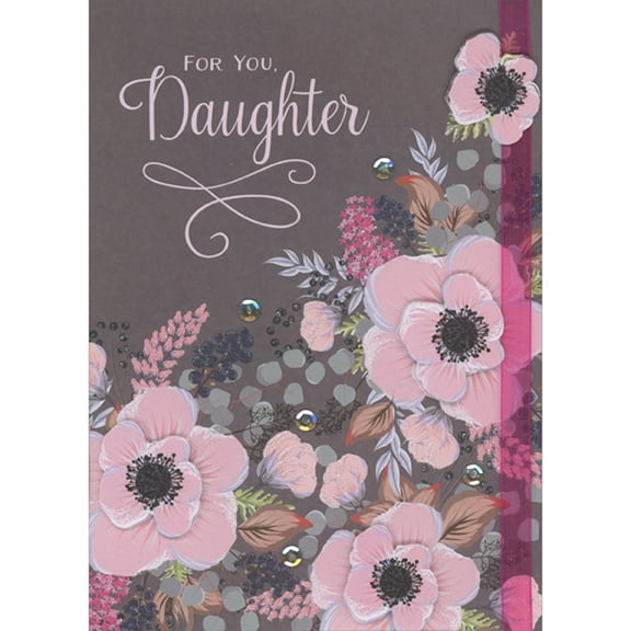 Designer Greetings Pink 3D Die Cut Flowers, Pink Ribbon and Silver Sequins Over Flowers on Brown Background Hand Decorated Mother's Day Card for Daughter