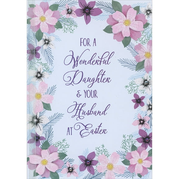 Designer Greetings Pink 3D Flowers and Purple and Silver Gems Creating Oval Border, White Ribbon Hand Decorated Easter Card for Daughter and Husband (Son-in-Law)