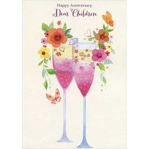 Designer Greetings Pink Champagne in Glasses, Butterflies and Flowers Wedding Anniversary Congratulations Card for Children