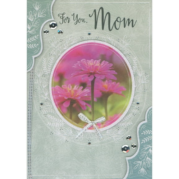 Designer Greetings Pink Daisies on Oval 3D Die Cut Banner, Silver Bow, Silver Sequins and Silver Ribbon Hand Decorated Mother's Day Card for Mom