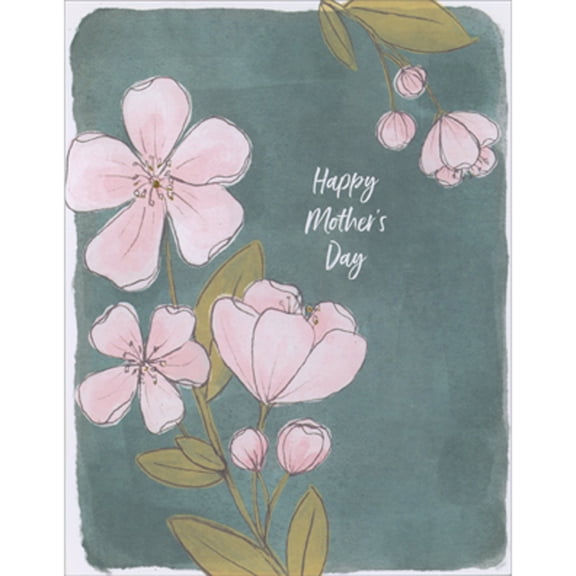 Designer Greetings Pink Drawn Flowers on Green Brushed Background Mother's Day Card for Mom